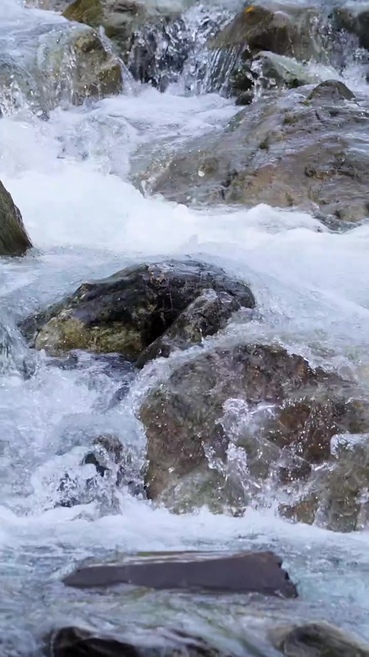 Acqua limpida di ruscello di montagna scorre energicamente su grandi rocce frastagliate alla luce naturale. La telecamera si muove fluidamente a valle, catturando movimento dinamico e texture nitide