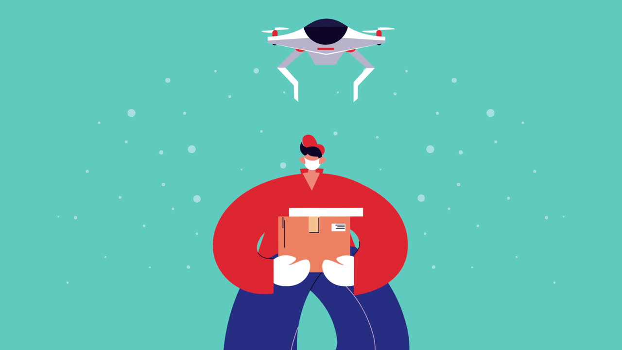 배달 서비스 드론과 상자 및 작업자 애니메이션