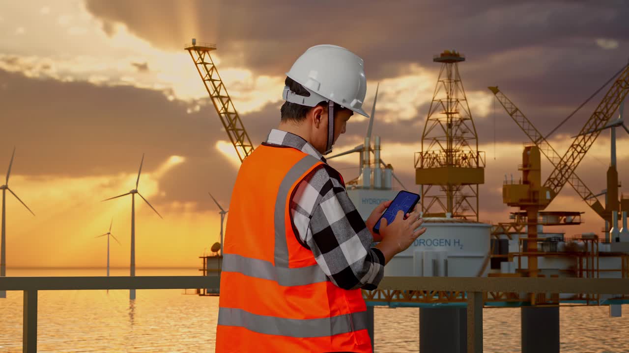 Back View Of Asian Male Engineer With Safety Helmet Working On Smartphone With Wind Turbine Blueprint With Offshore Hydrogen Production