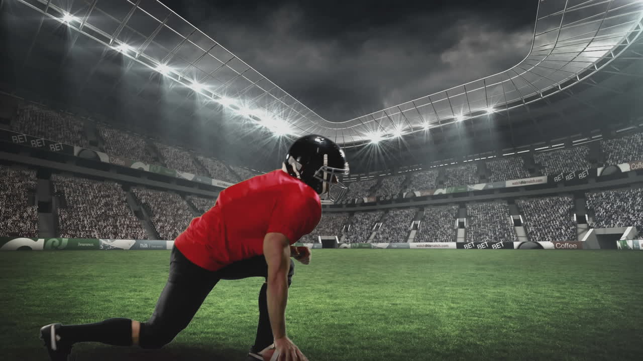 Giocatore di football americano in ginocchio per la difesa