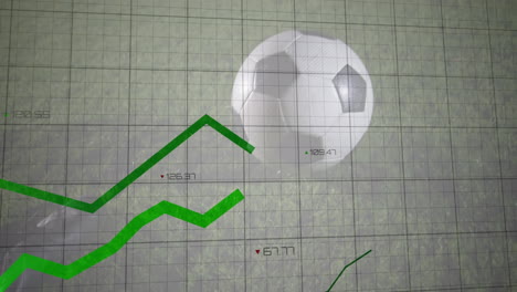 animación del procesamiento de datos financieros sobre el jugador de fútbol pateando la pelota en el estadio.
