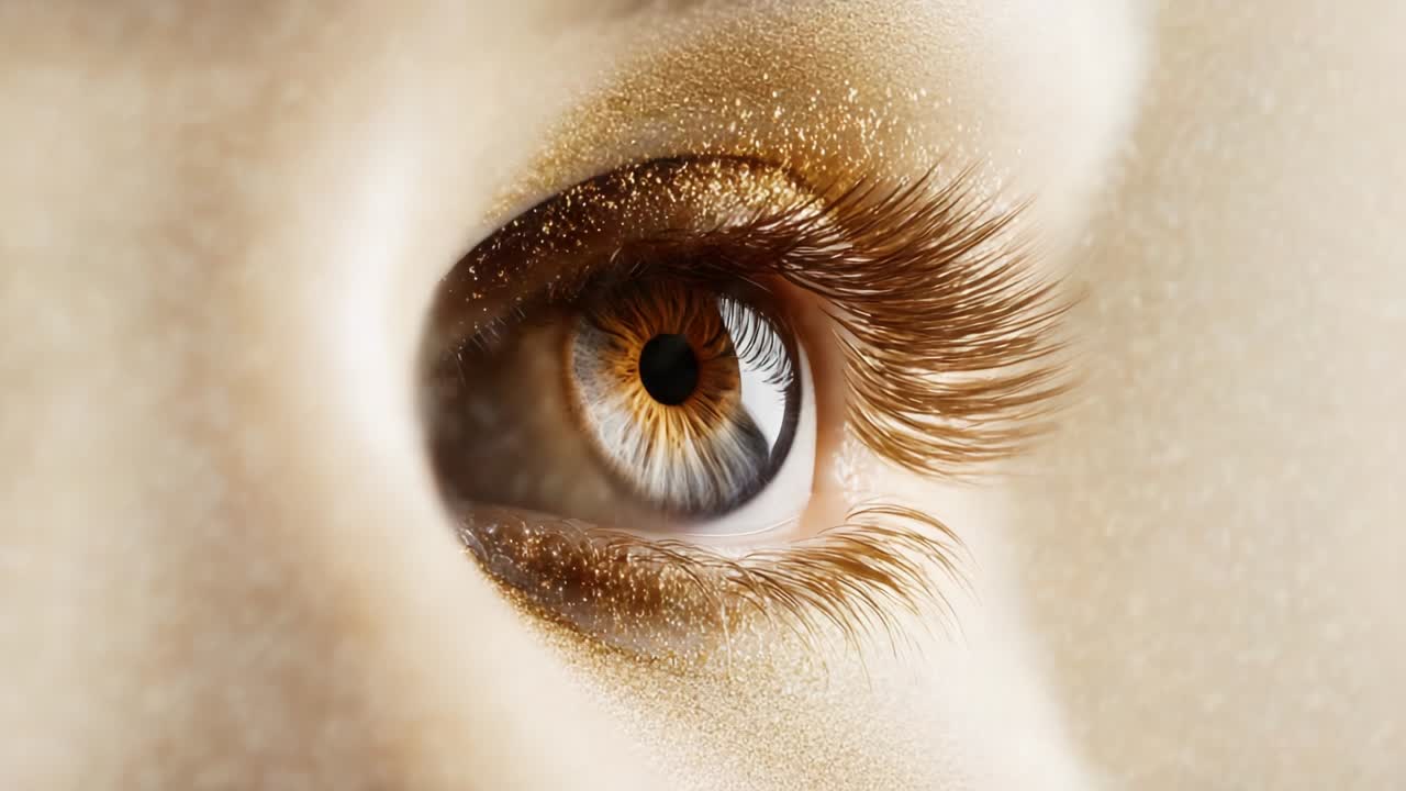 A close-up view of a beautifully detailed eye showcasing rich golden hues, delicate eyelashes, and intricate patterns in the iris, illuminated softly to enhance its striking features and mesmerizing beauty