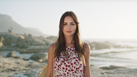 Woman-portrait,-beach-and-travel-holiday