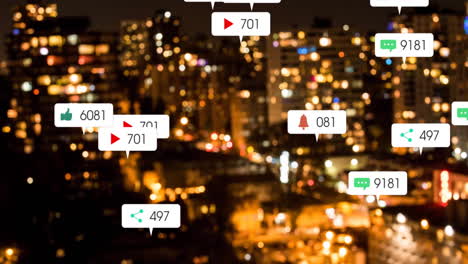 animación de iconos de las redes sociales con un número creciente en el paisaje urbano