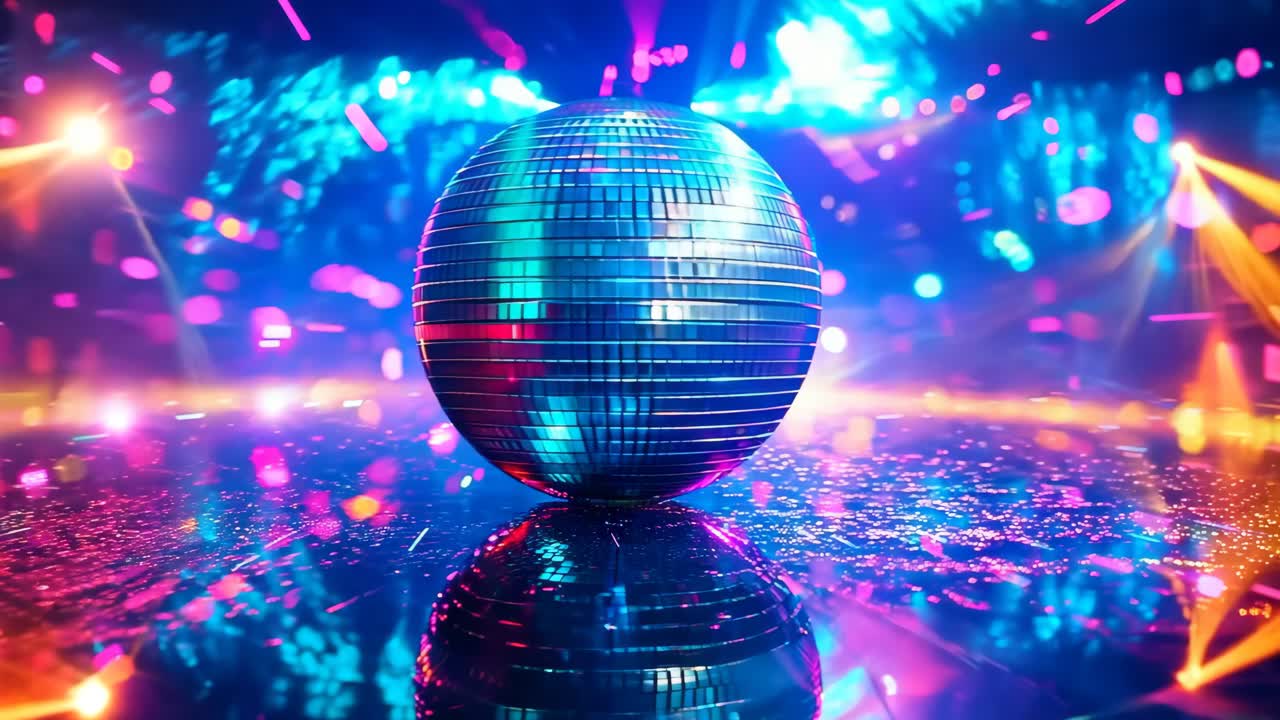 una pelota de discoteca en una superficie reflectante con luces de colores