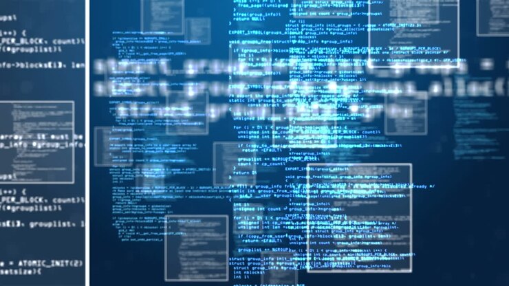 Digital animation of data processing and multiple square shapes against blue background