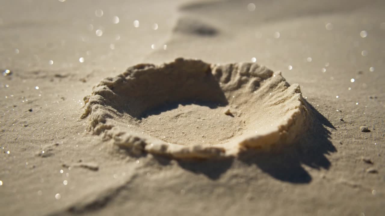Shifting camera bringing shallow circular sand ring on beach to sharpen rim, with sunlight glinting