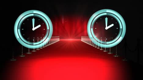 Animation-of-moving-clocks-over-red-carpet-and-camera-flashes