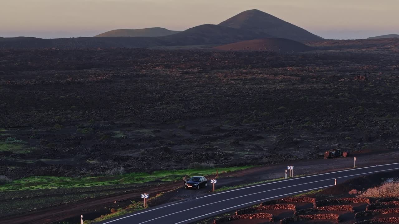 夕暮れ時のスペイン、ランサローテ島にある道沿いのぶどう畑。