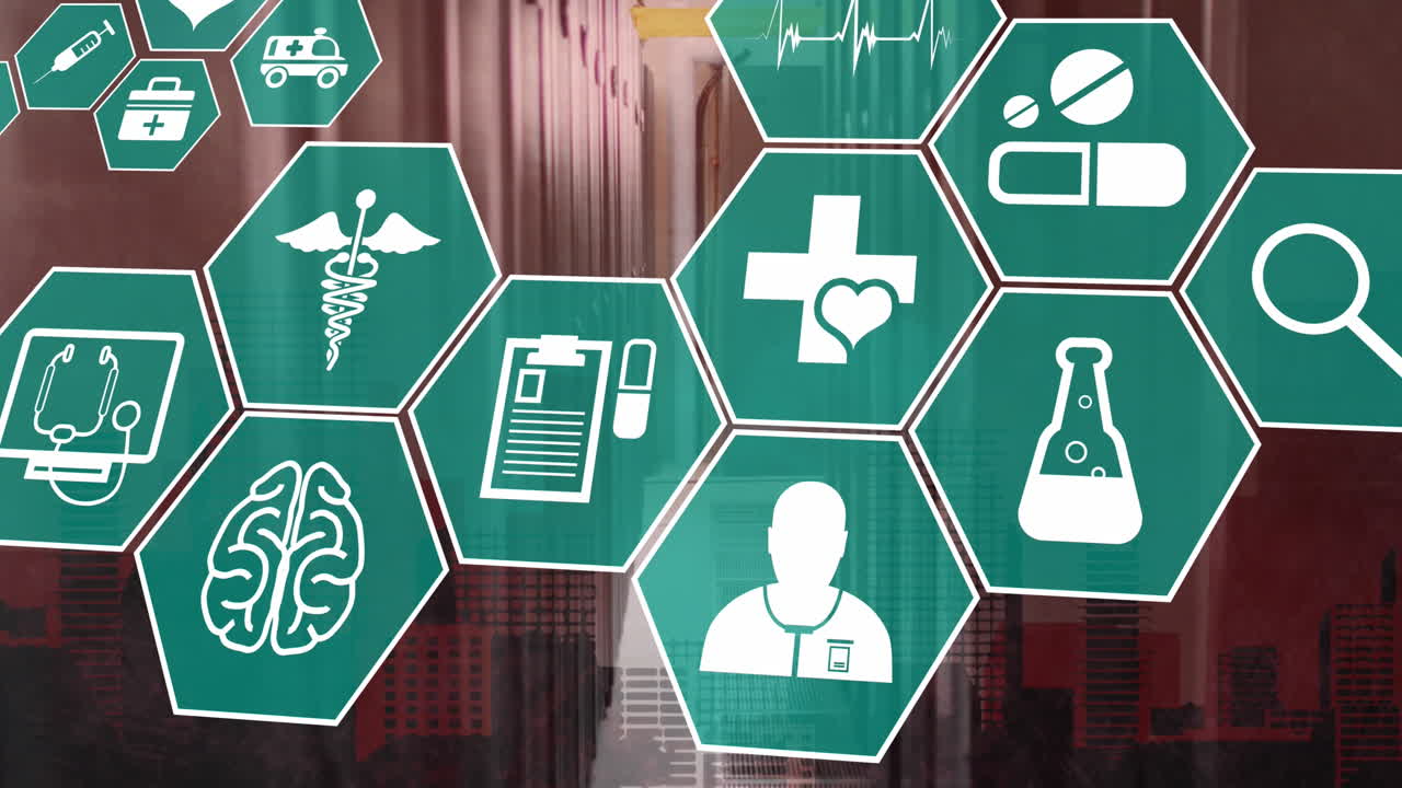 animación de múltiples iconos médicos contra la habitación del servidor de la computadora