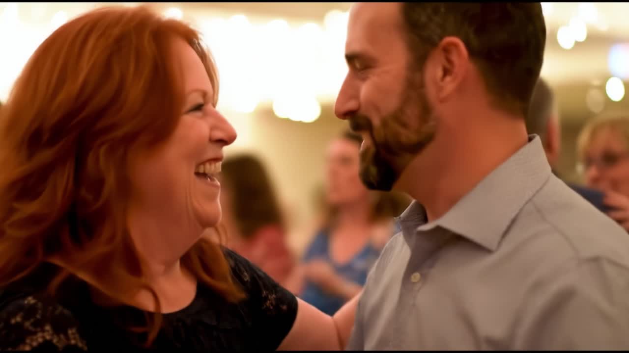 A Joyful Dance: Capturing the Heartfelt Moments of a Couple Dancing Together Under Glimmering Lights, Embracing Each Other with Laughter and Connection