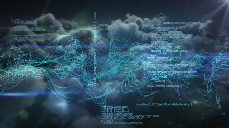 Animation of data processing over clouds and black background