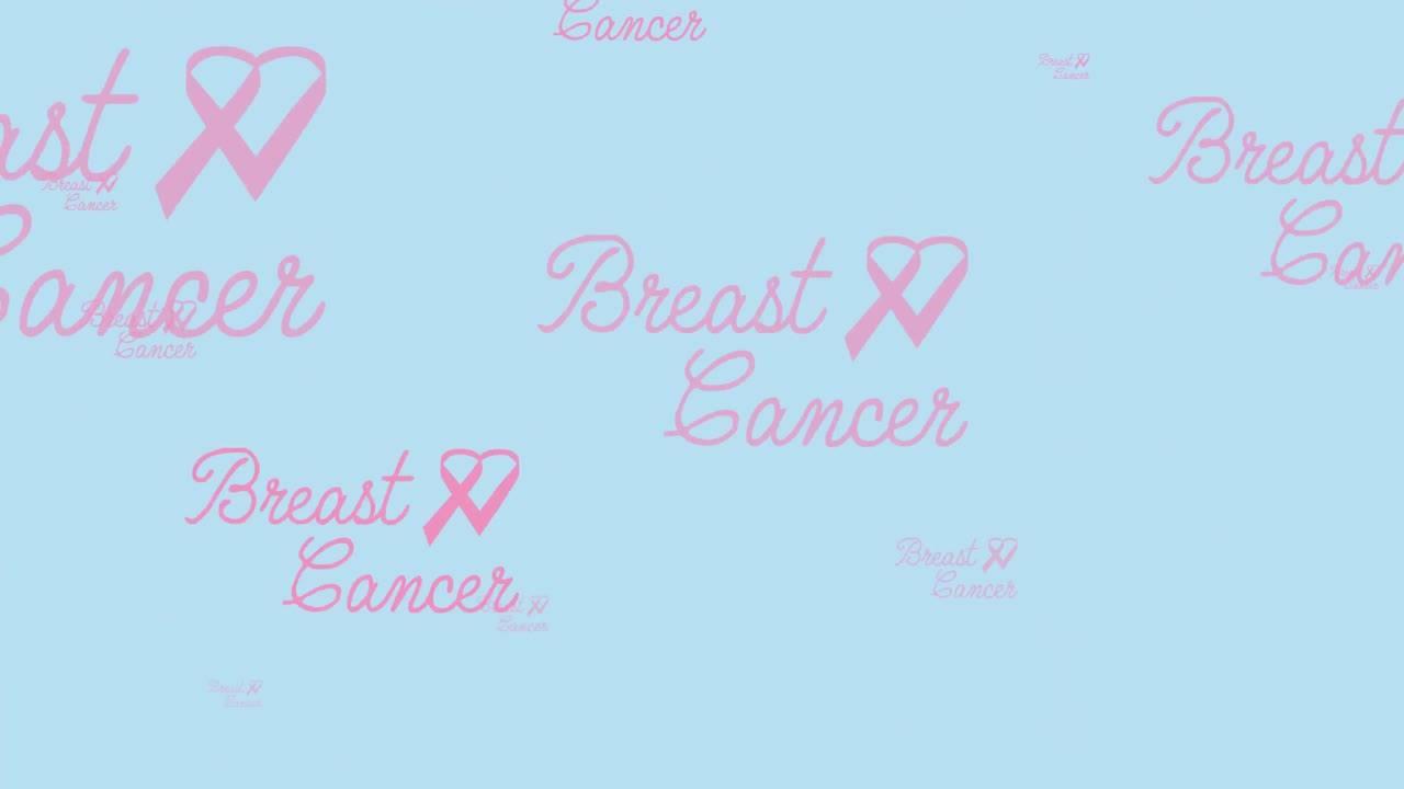 분홍색 바탕에 여러 개의 분홍색 날아다니는 유방암 텍스트와 분홍색 리본의 애니메이션
