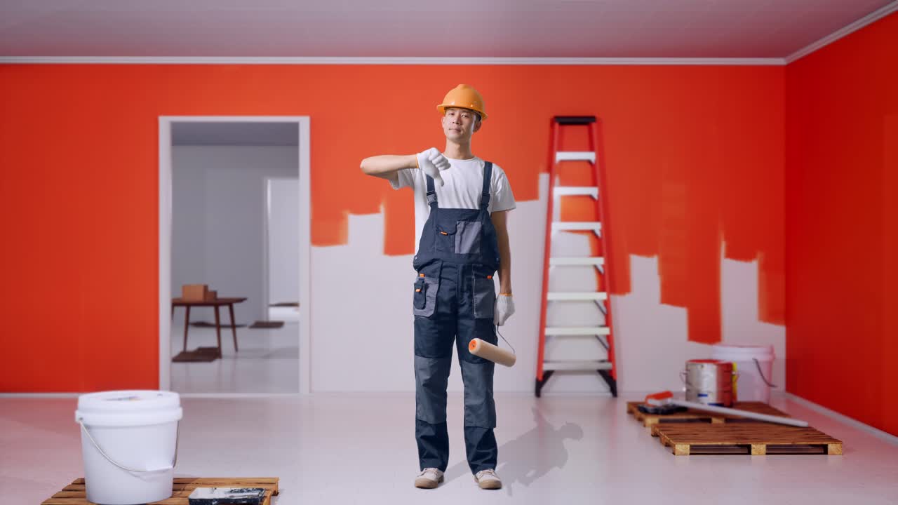 Full Body Of Asian Man Painter Wearing Safety Helmet Showing Thumbs Down Gesture To Camera While Standing With Painting Wall In Room