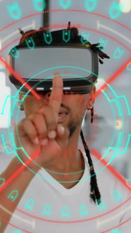 processamento de dados e varredura de escopo sobre homem afro-americano usando fone de ouvido vr no escritório