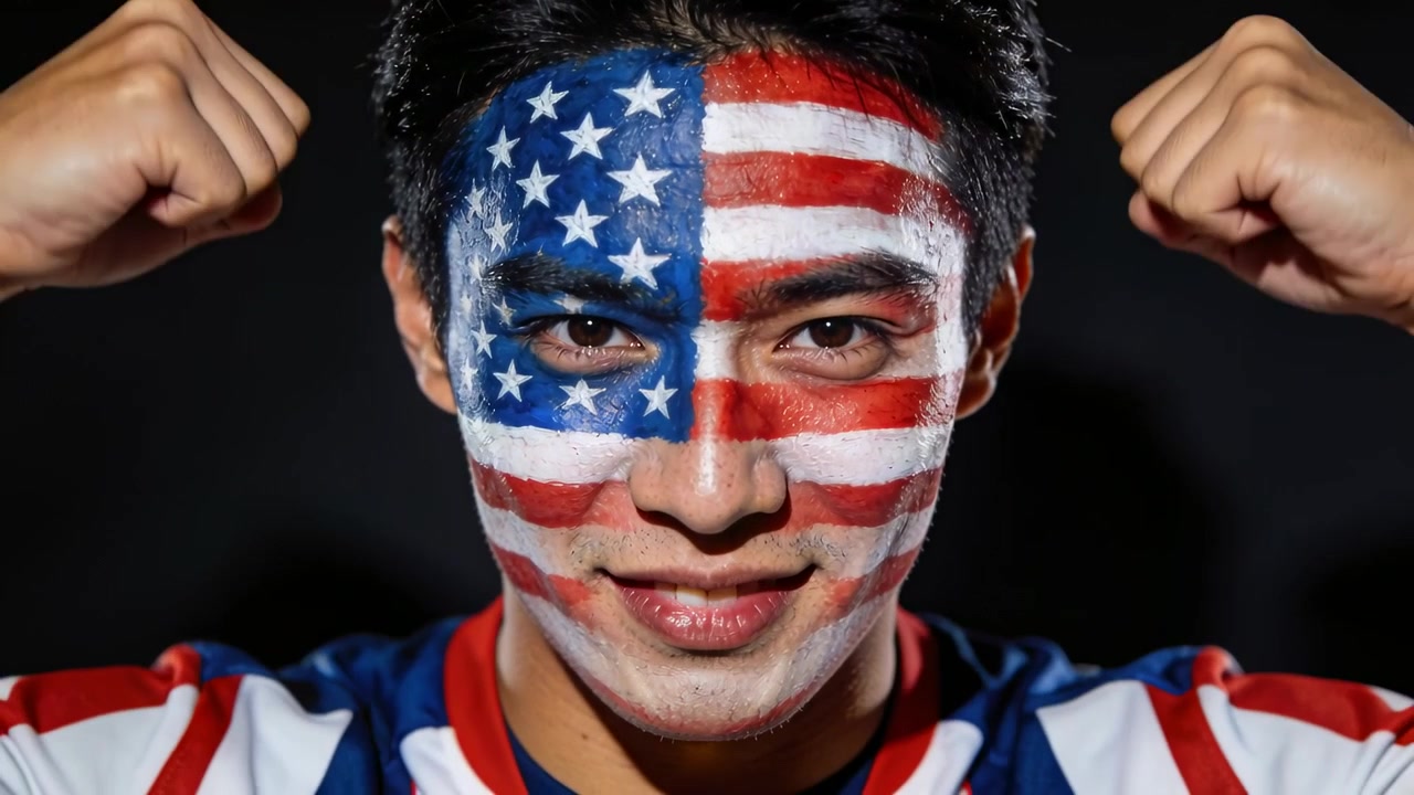 Uomo che esulta, con il viso dipinto con la bandiera USA, che stringe i pugni in divisa a strisce per la squadra, mentre la telecamera si avvicina in studio.