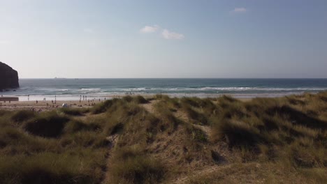 Dynamic-aerial-reveal-of-a-big-beach-in-Asturias