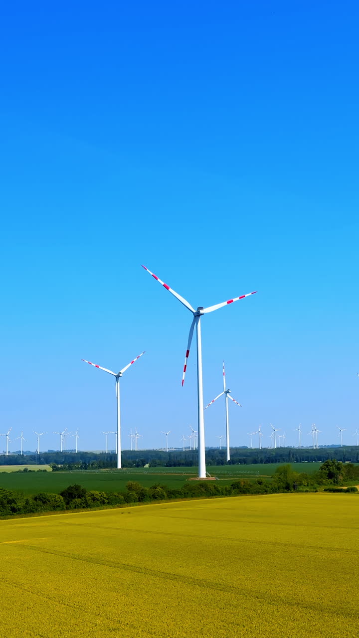 Green and yellow fields with wind farms. Sustainable energy production in the countryside. Vertical video