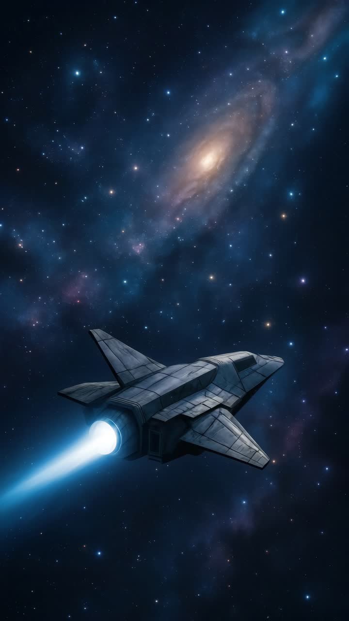 Un concetto video dinamico di un'astronave che si libra attraverso una galassia stellata.