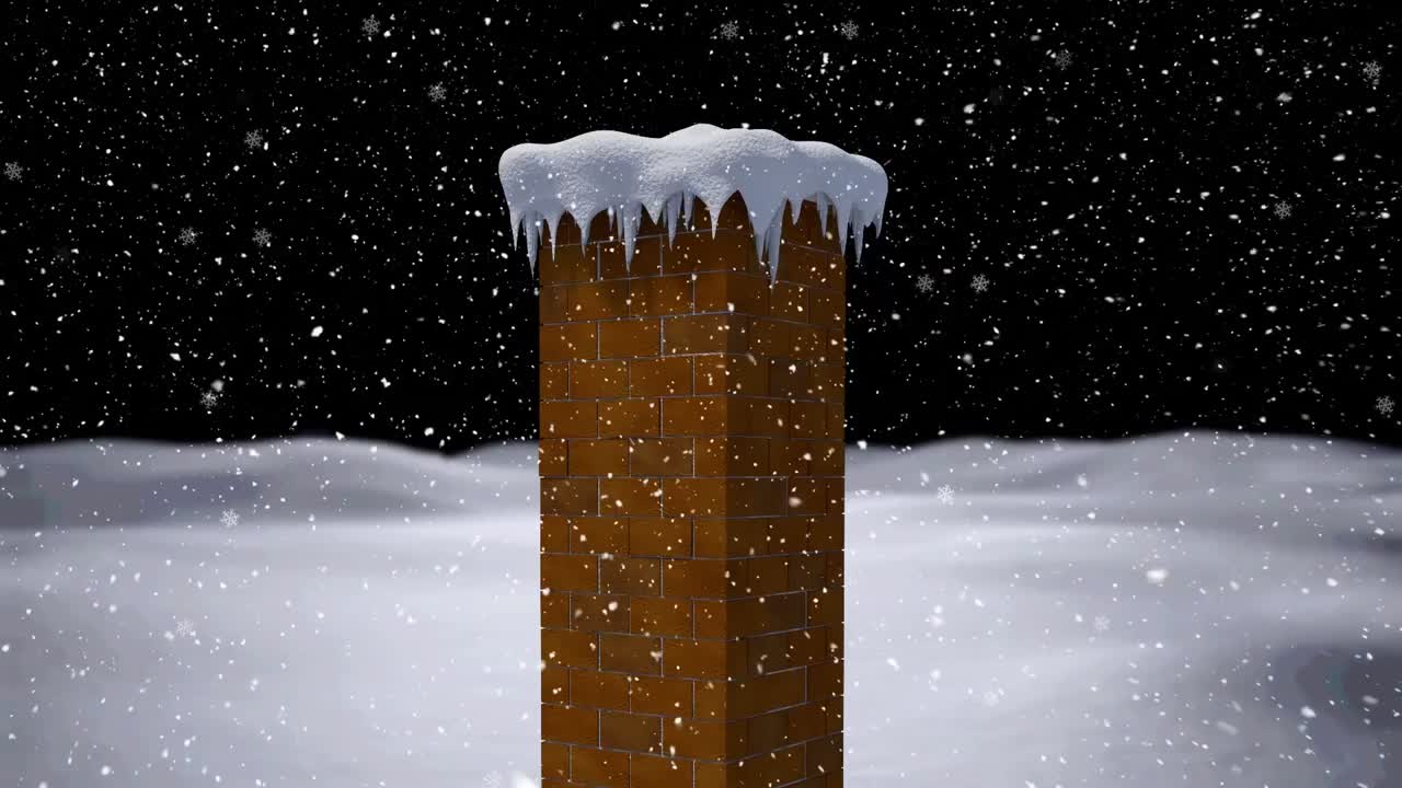 Animation of snow falling over chimney covered in snow and winter landscape background