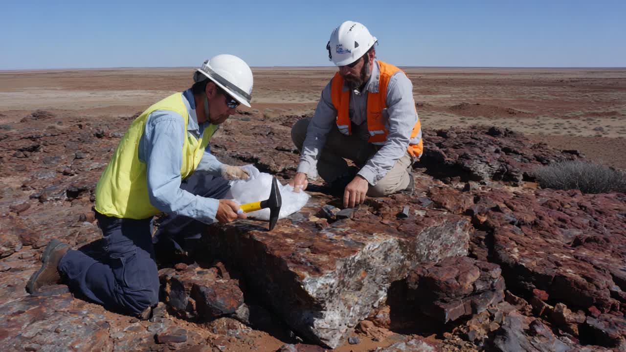 Two Geologists Analyzing Rock Formation in a Desert Landscape Wearing Safety Gear and Excavating with Tools for Geological Research and Exploration