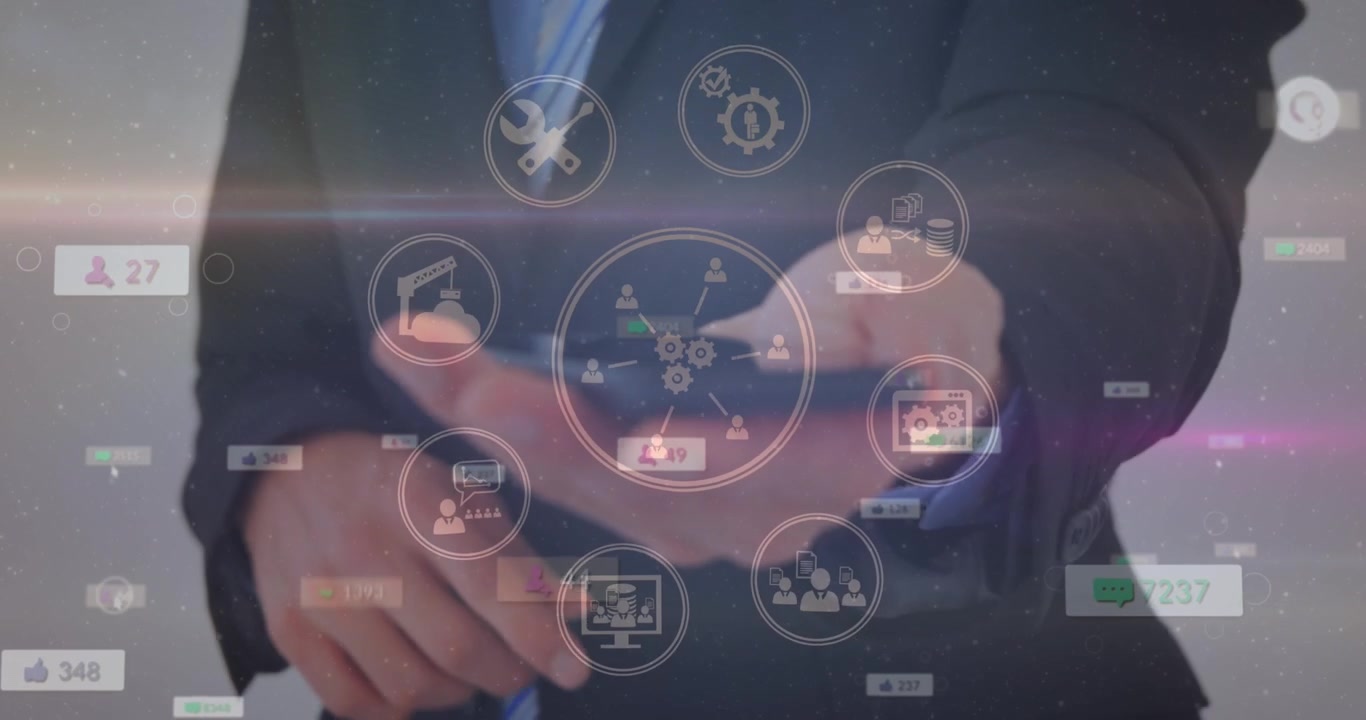 Animation of digital icons spinning over mid section of a businessman holding a smartphone