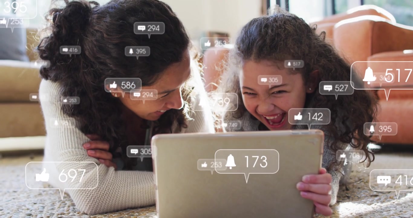 Animation of icons with growing number over woman and her daughter using tablet