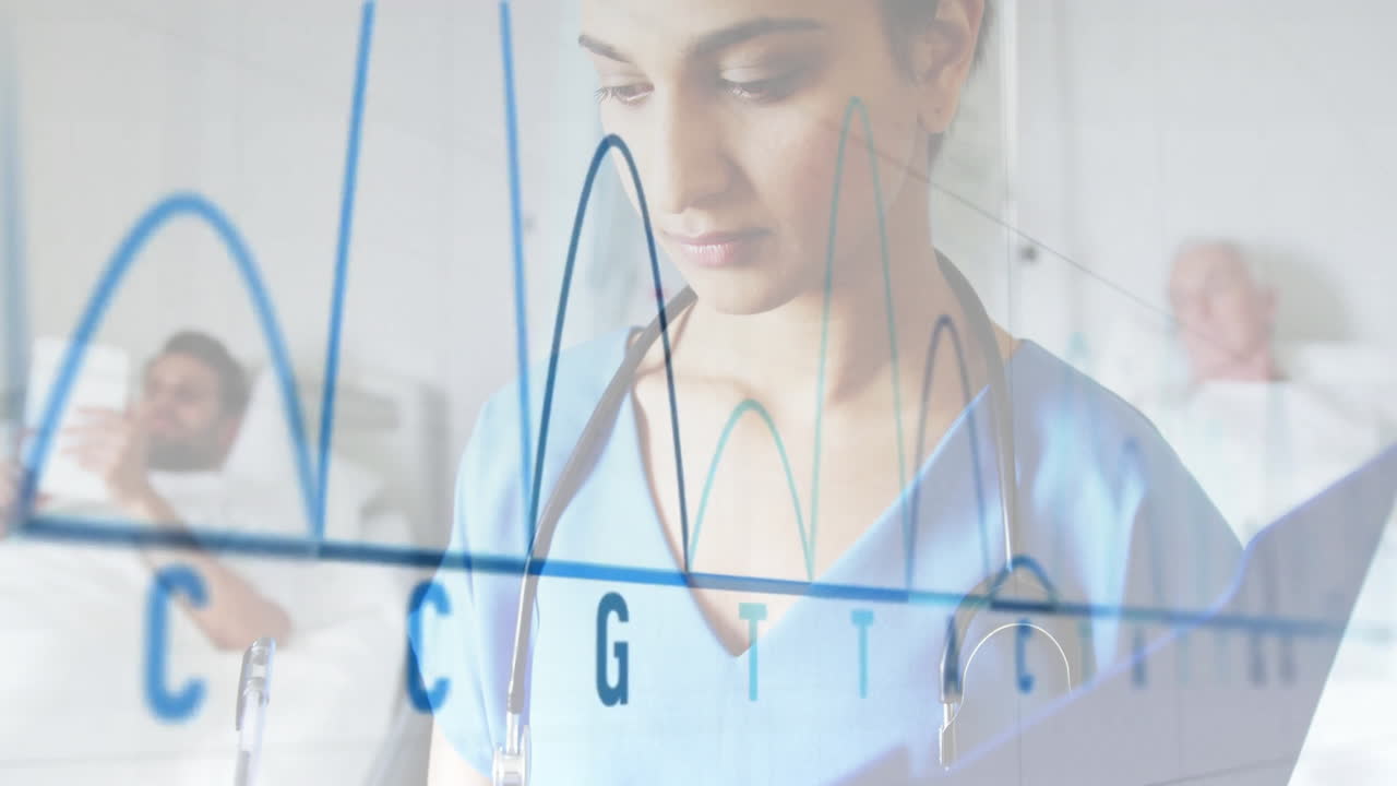 In hospital, healthcare professional viewing DNA sequencing animation on screen