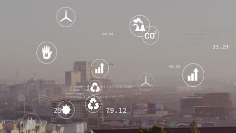 animation of eco icons and data processing over cityscape