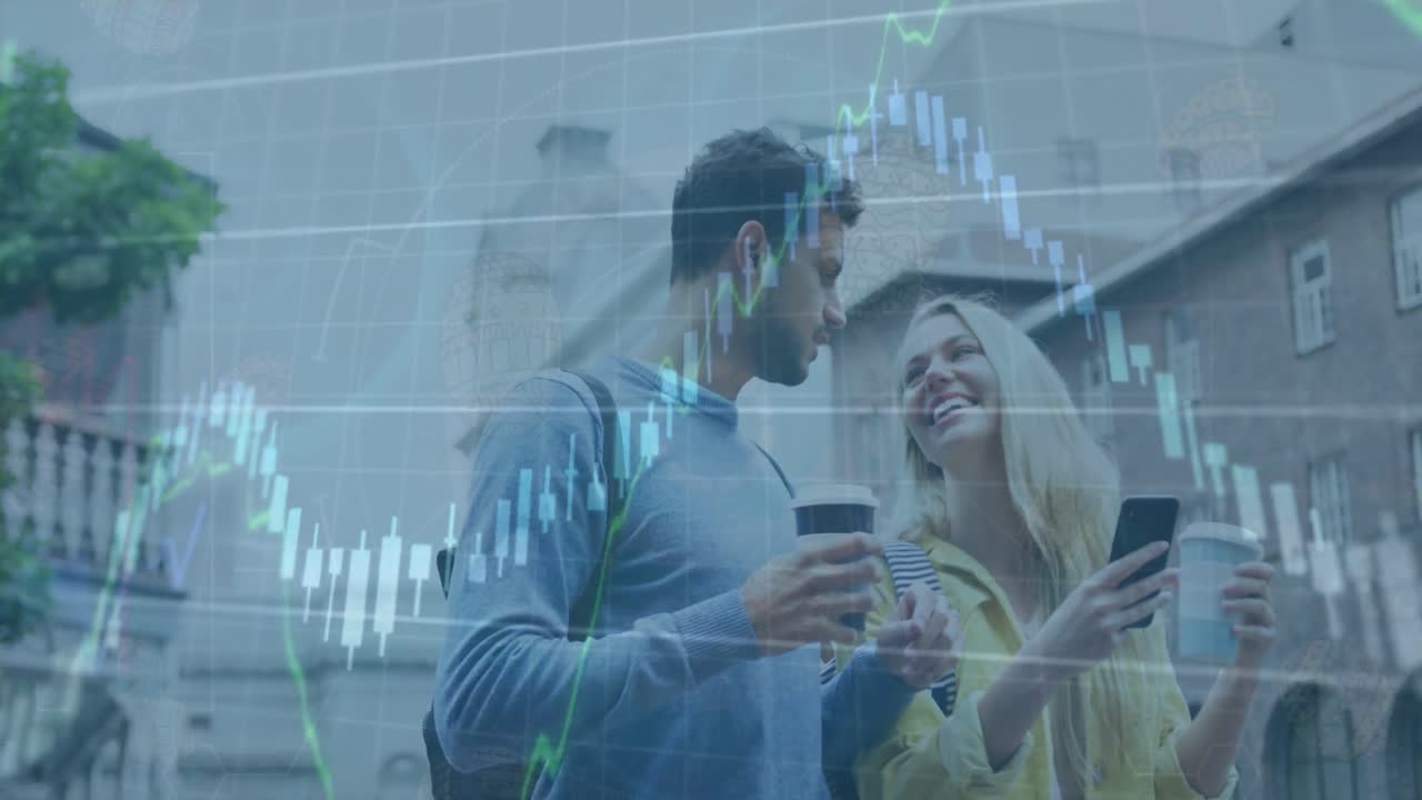 animación de gráficos con números cambiantes sobre una pareja caucásica hablando mientras beben café