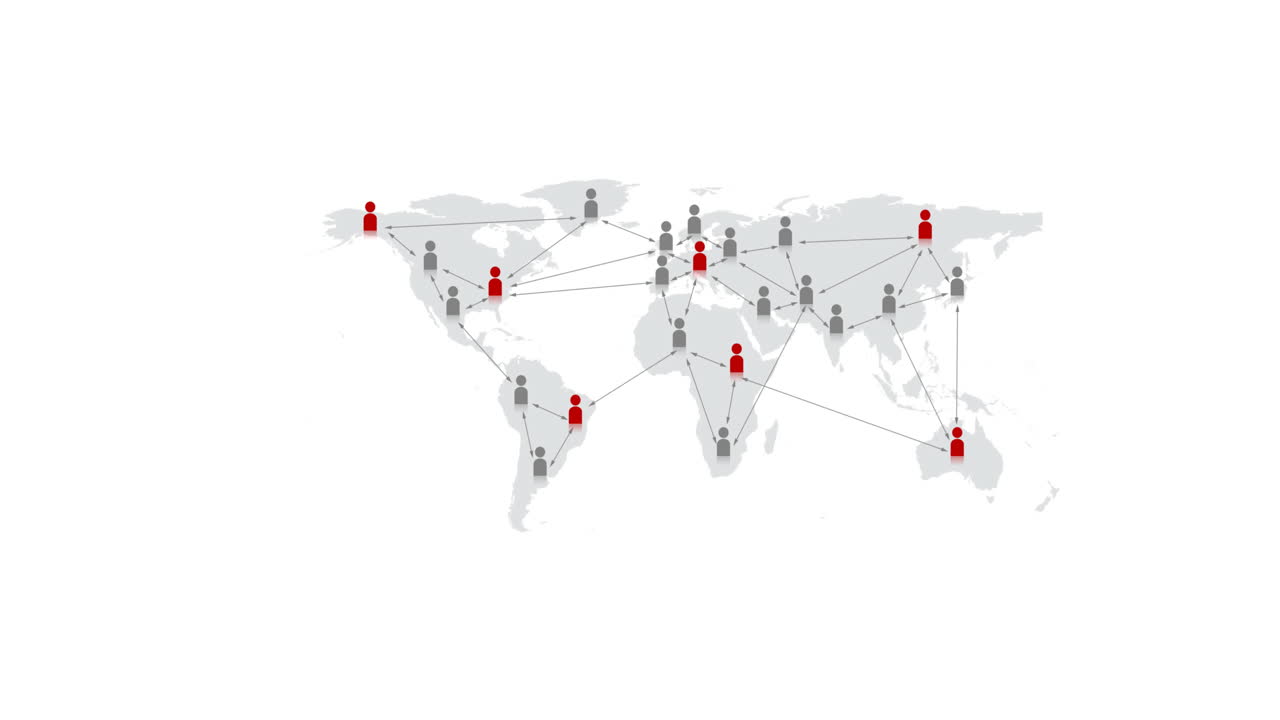 animation of network of red and grey location pins over world map on ...