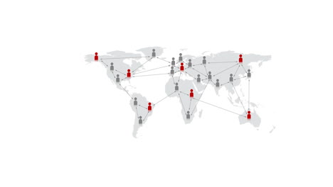 animation of network of red and grey location pins over world map on white background