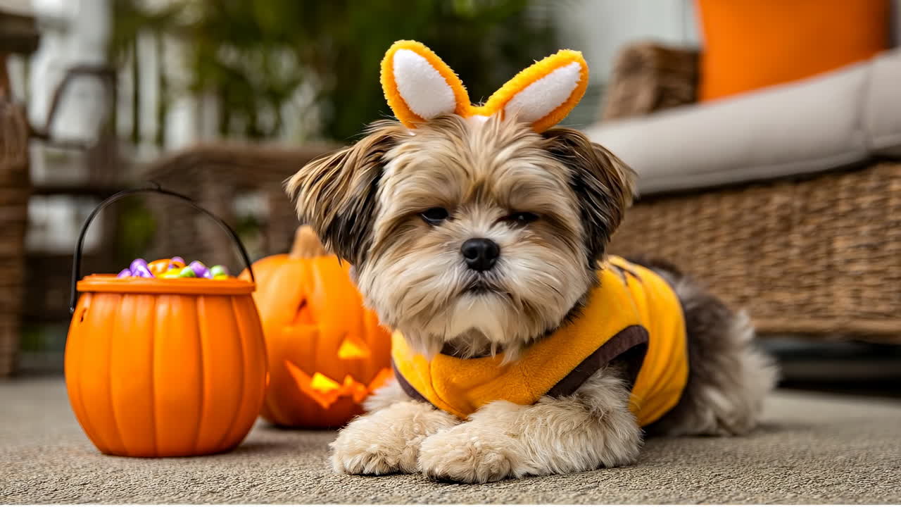 Dog in Halloween costume. A small dog wearing a bright costume relaxes beside a decorated pumpkin and a candy bucket during Halloween festivities