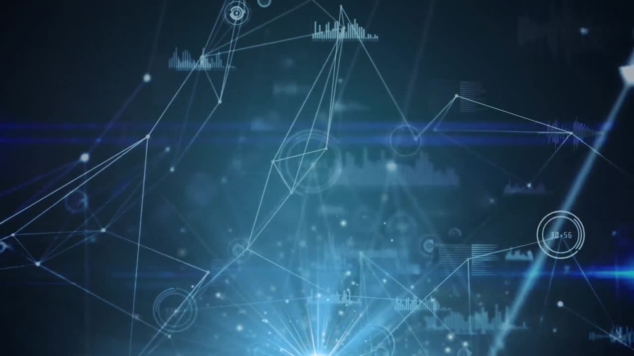 Animation of network of connections with glowing spots and data processing on black background