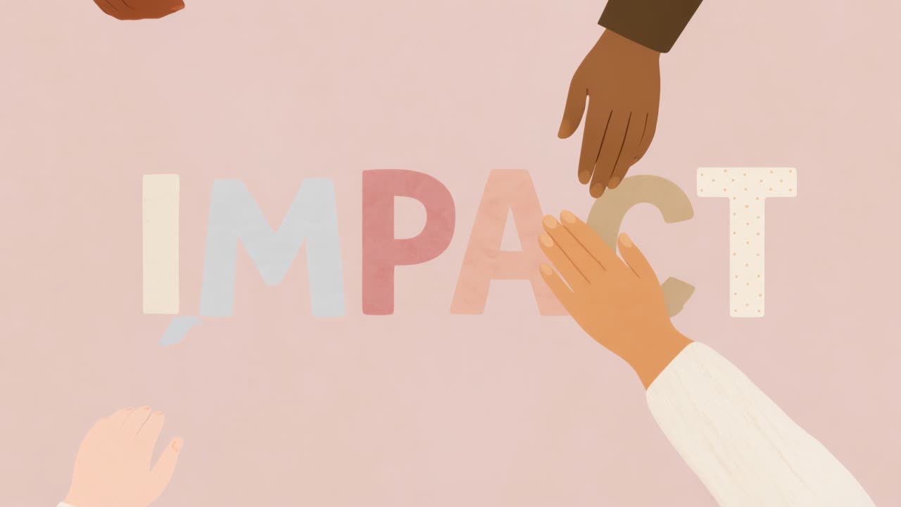 Illustration of diverse hands reaching towards the word 'IMPACT' on a pastel background