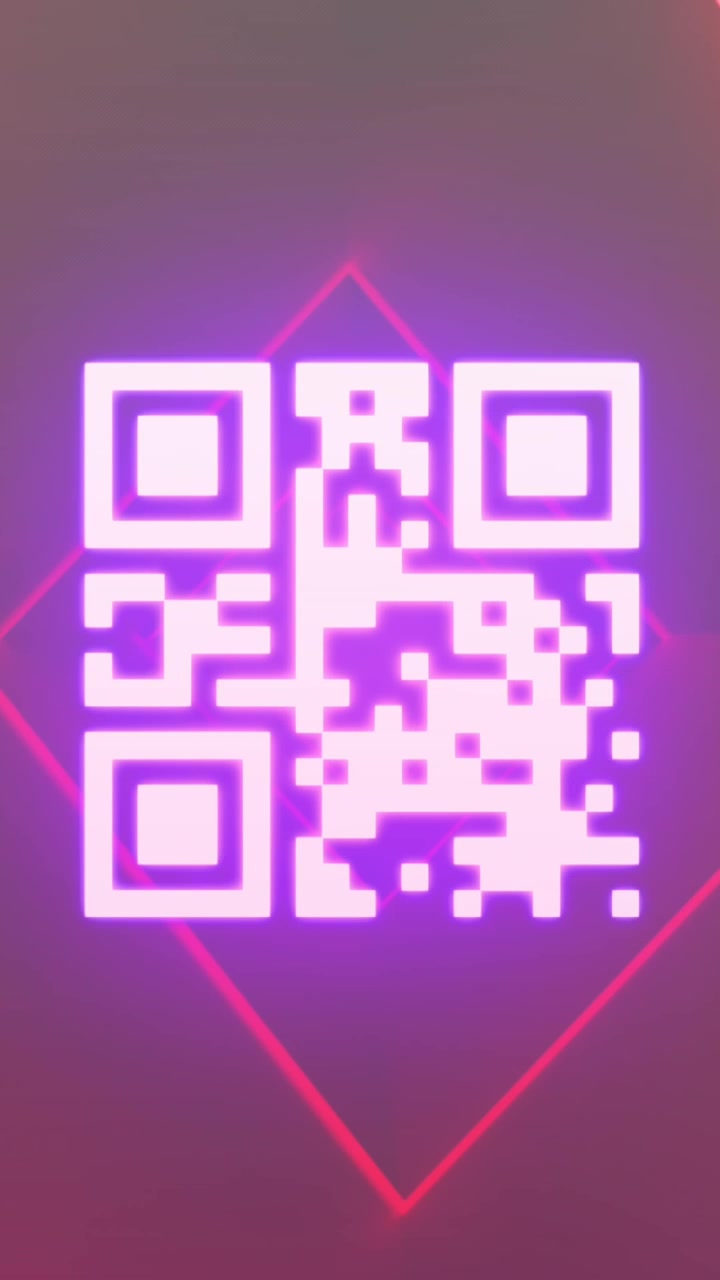 Animation of neon qr code scanner and red light trails in seamless pattern on purple background