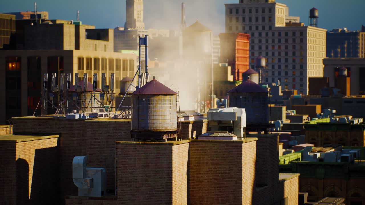 해가 지는 순간 에 물탑 이 있는 도시 풍경