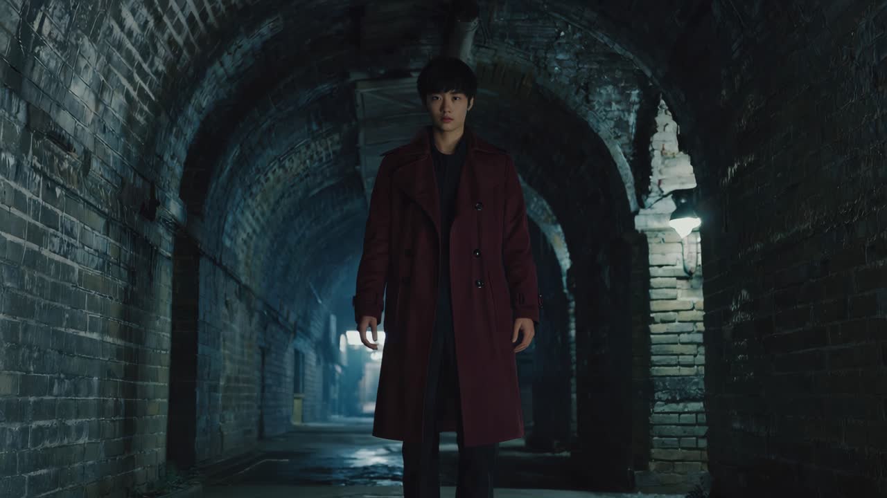 Man in Burgundy Coat in Brick Tunnel