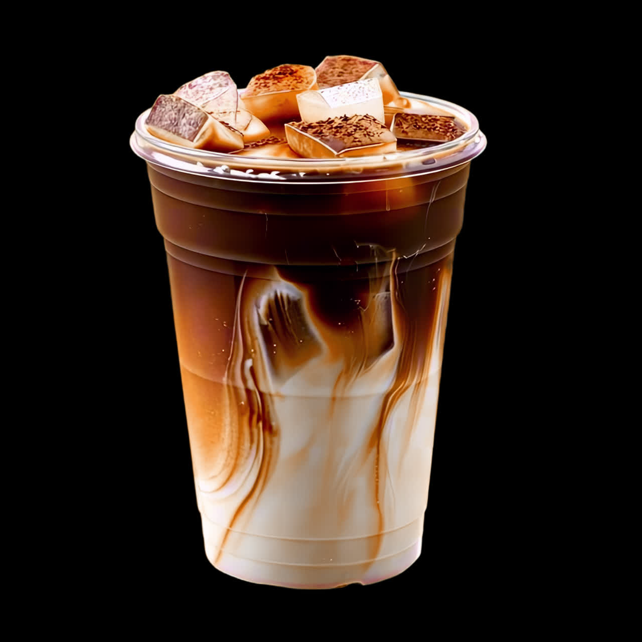 Animación de macchiato helado de caramelo con malvaviscos, recurso aislado, video 4K transparente, canal alfa