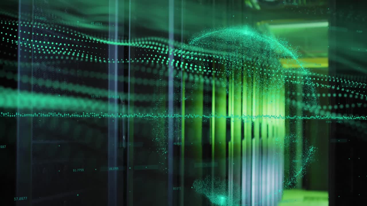 Animation of data processing and green digital wave against computer server room