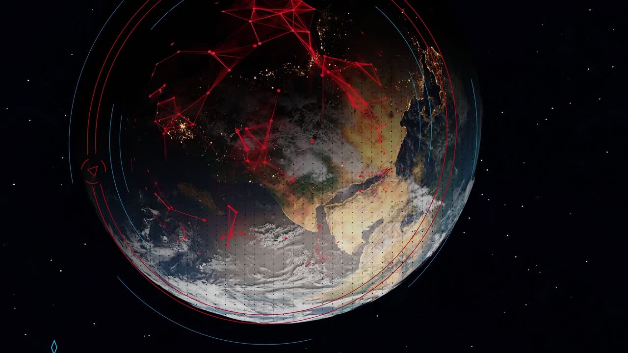 planeta tierra girando girando vista desde el espacio con animación de red red de alta velocidad de datos internet ciudad inteligente capital