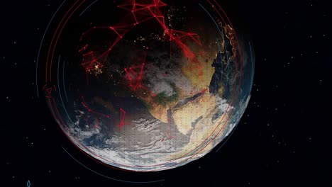 planet earth rotating spinning view from space with animation of red networking high speed data internet smart city capital