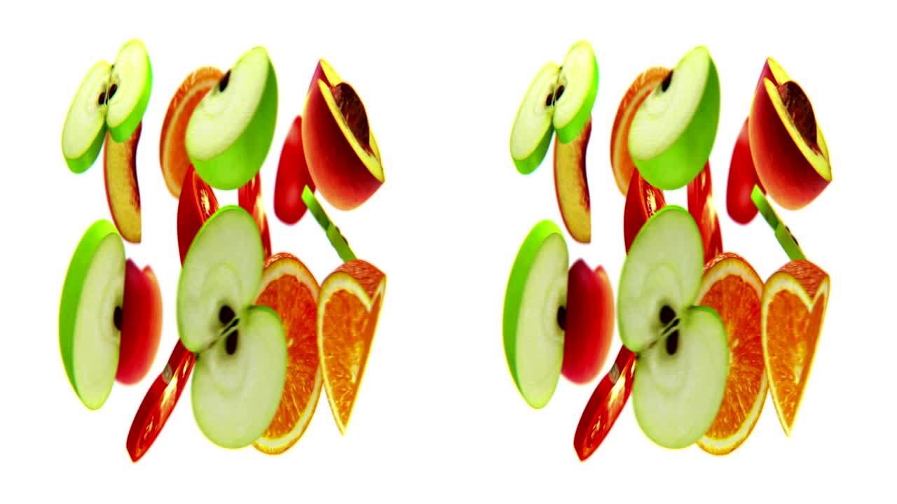 수평 아나모프 스테레오, 과일은 색, 원활한 루프로 회전합니다.