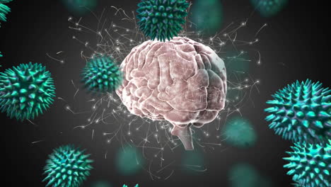 animación digital de múltiples células de covid-19 contra el cerebro humano girando en un fondo gris