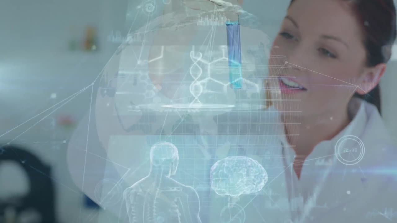animação do processamento de dados e globo sobre diversos cientistas em laboratório