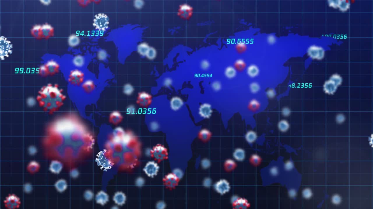 코로나19 세포와 숫자가 세계 지도에 따라 움직입니다.
