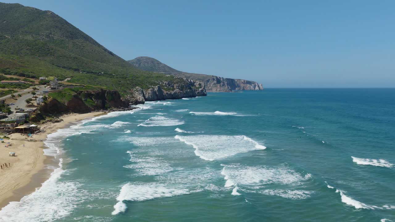 Flyover Seascape Near Spiaggia di San Nicolò In The Buggerru, Sardinia, Italy. Aerial Drone Shot