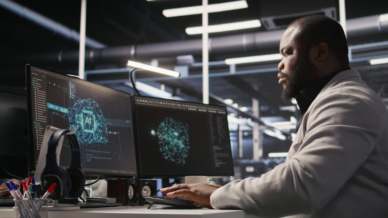 Vertical video Data center computer scientist monitoring servers performing AI training