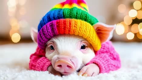 a small pig wearing a colorful hat laying on a white carpet