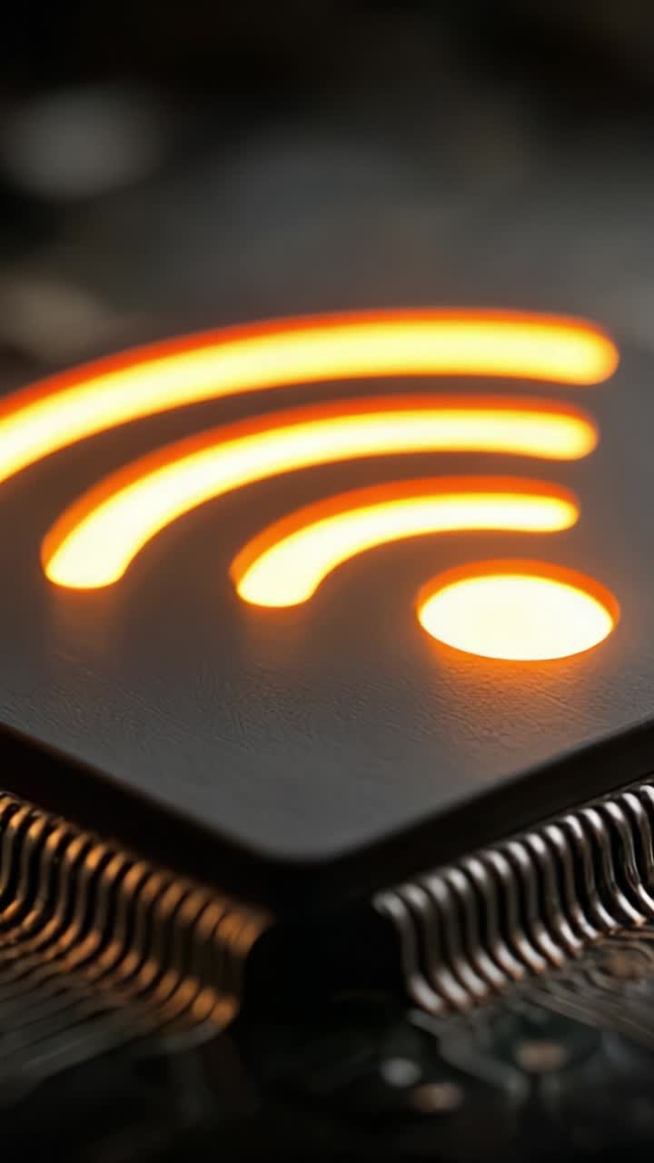 Exploring the Vibrant Connectivity: A Close-Up View of a Wi-Fi Symbol Illuminated with Warm Orange Tones Against a Circuit Background